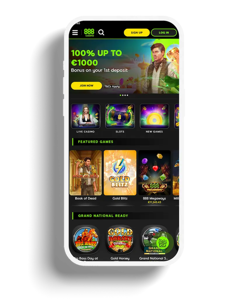 An interface of the 888 Casino mobile app featuring a welcome offer banner, live casino, slots, and featured games including Book of Dead and Gold Blitz.