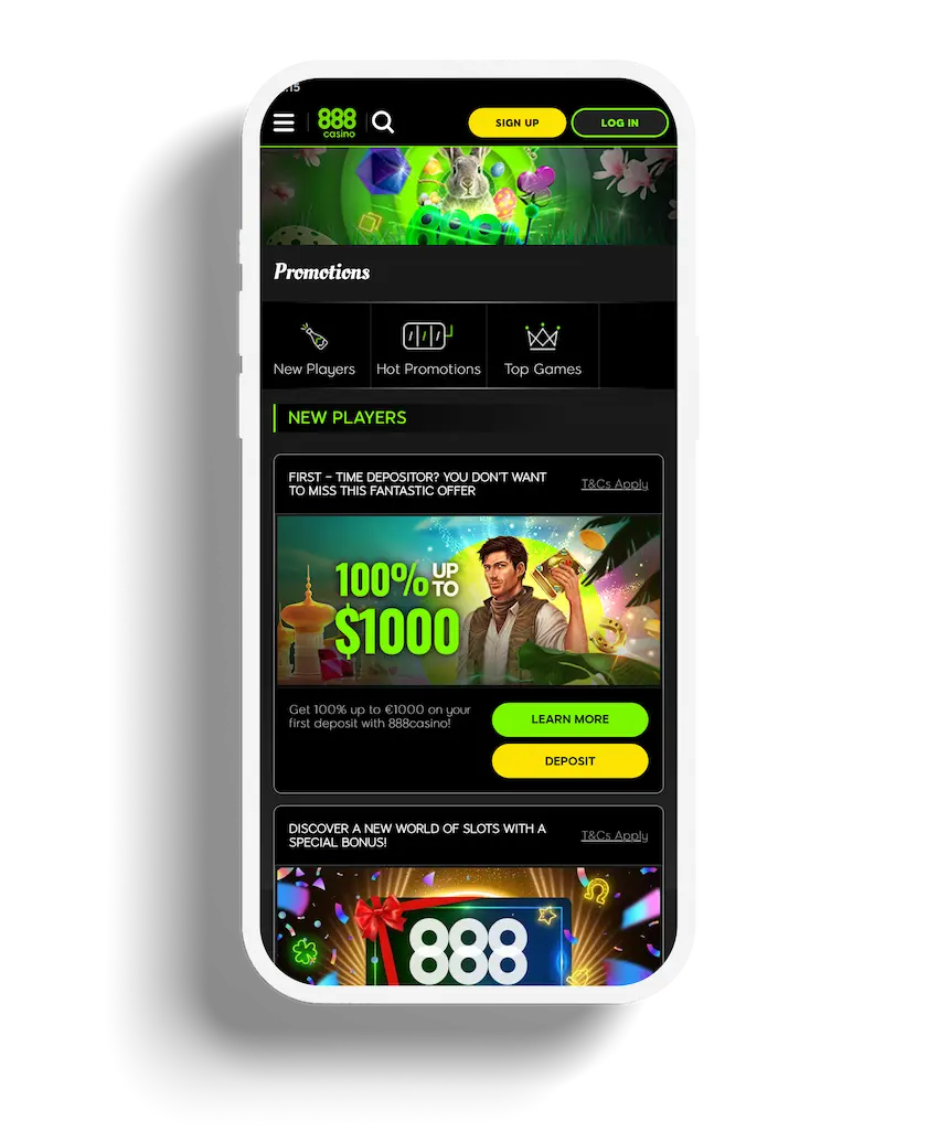 The promotions page of the 888 Casino app displays a sign-up bonus advertisement and a special slots bonus with a bright, enticing design.