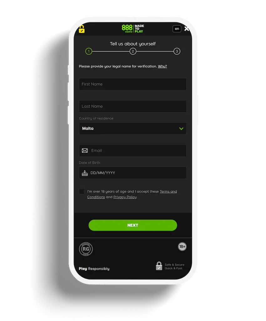 A registration form on the 888 Casino mobile app requiring personal details for account verification, set against a sleek, dark background.

