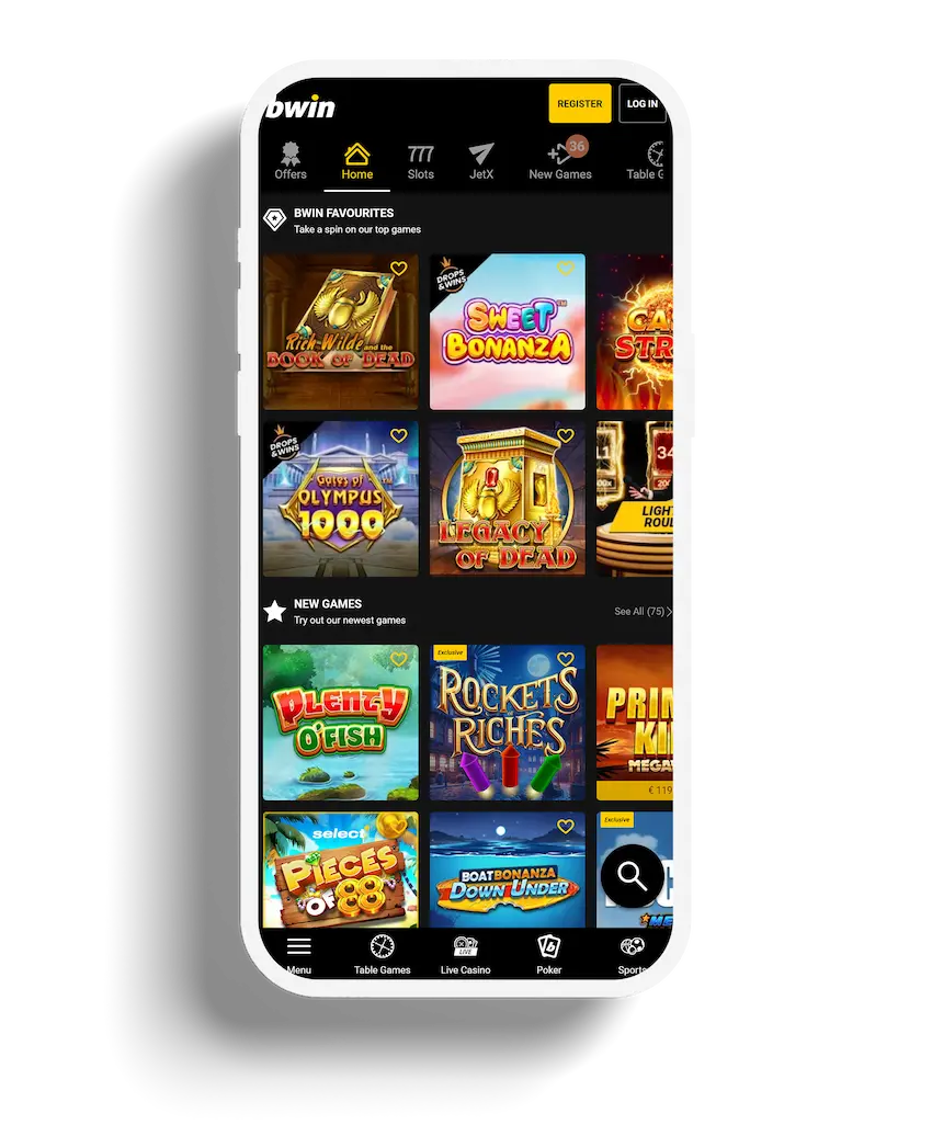 Bwin Casino mobile homepage displaying a variety of slot game favorites like 'Book of Dead' and 'Sweet Bonanza'.