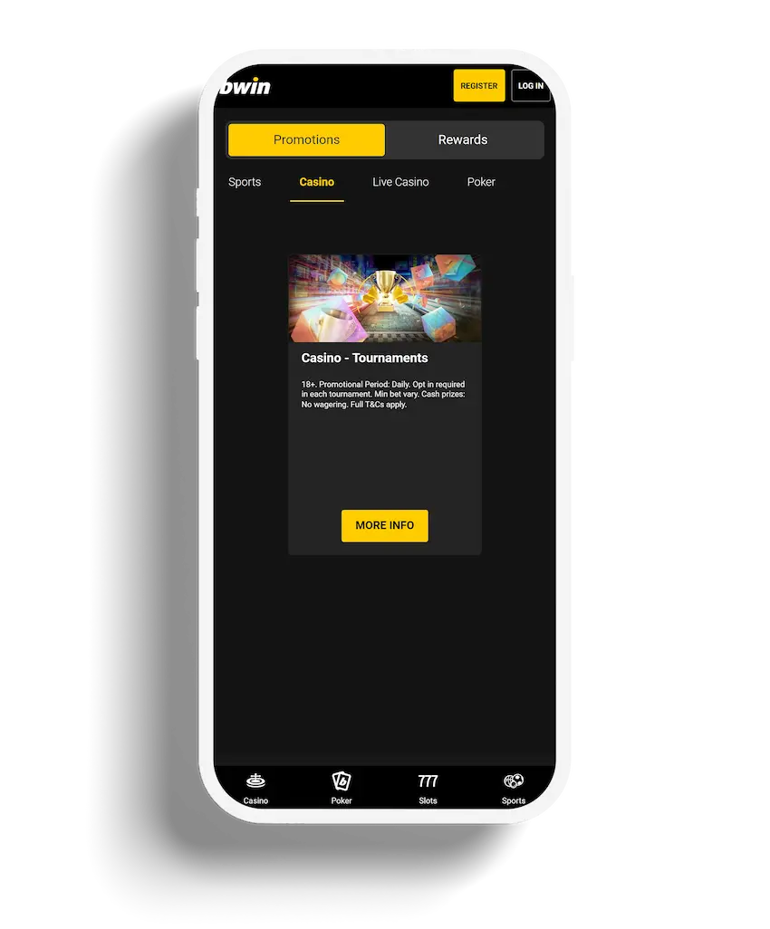 Promotional banner on Bwin Casino's mobile interface for casino tournaments with a vibrant, game-inspired background.