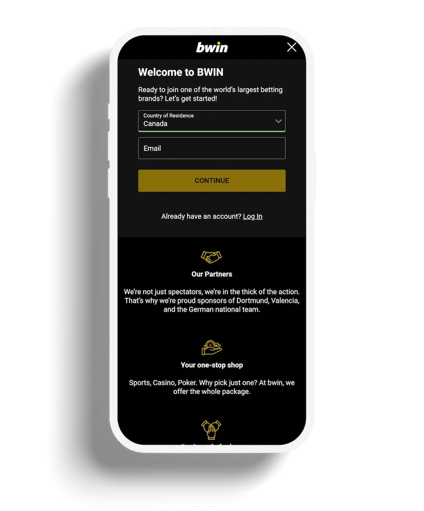 Welcome screen for Bwin Casino's mobile site inviting users to join with a sleek and straightforward sign-up interface.