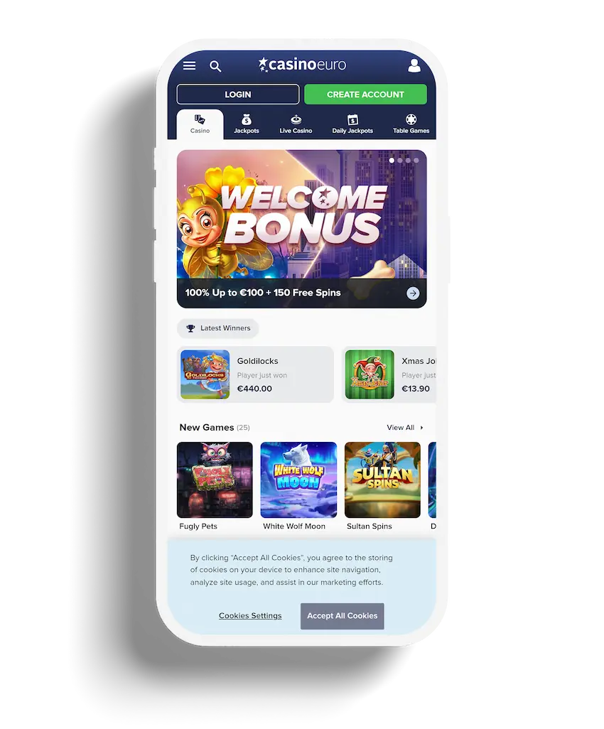 CasinoEuro mobile homepage featuring a welcome bonus advertisement and a selection of popular casino games.