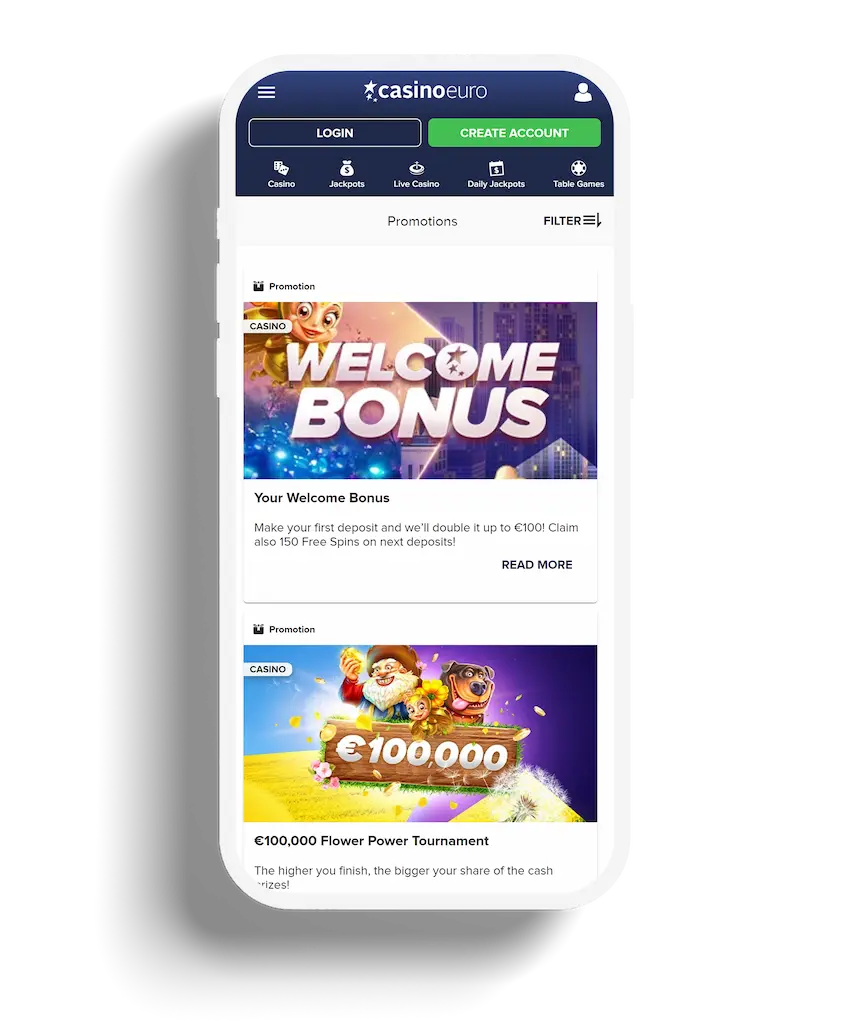 Mobile view of CasinoEuro's promotion page showing a welcome bonus advertisement with vibrant graphics.