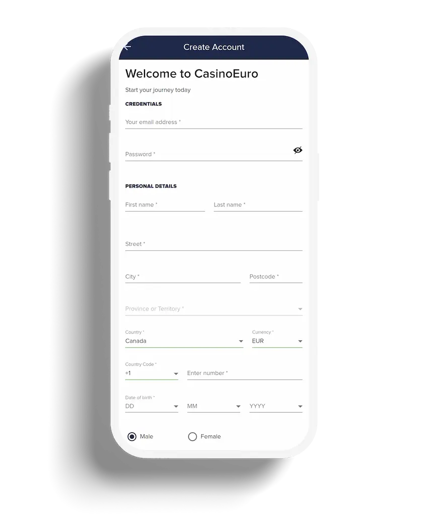 Account creation form for CasinoEuro displayed on a mobile device, requesting personal details for registration.