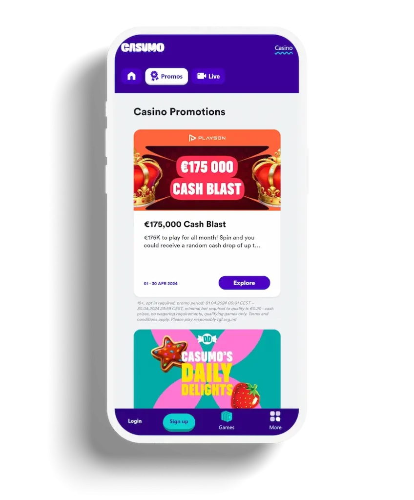 The promotions page on the Casumo casino app advertising a €175,000 Cash Blast event and Casumo’s Daily Delights, with playful graphics and a bold, colorful design.