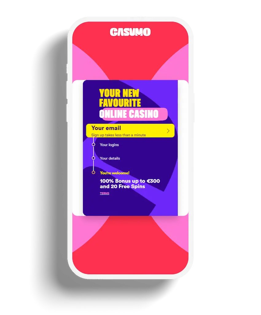 A sign-up invitation on the Casumo casino app featuring a simple three-step process against a pink and purple gradient background.