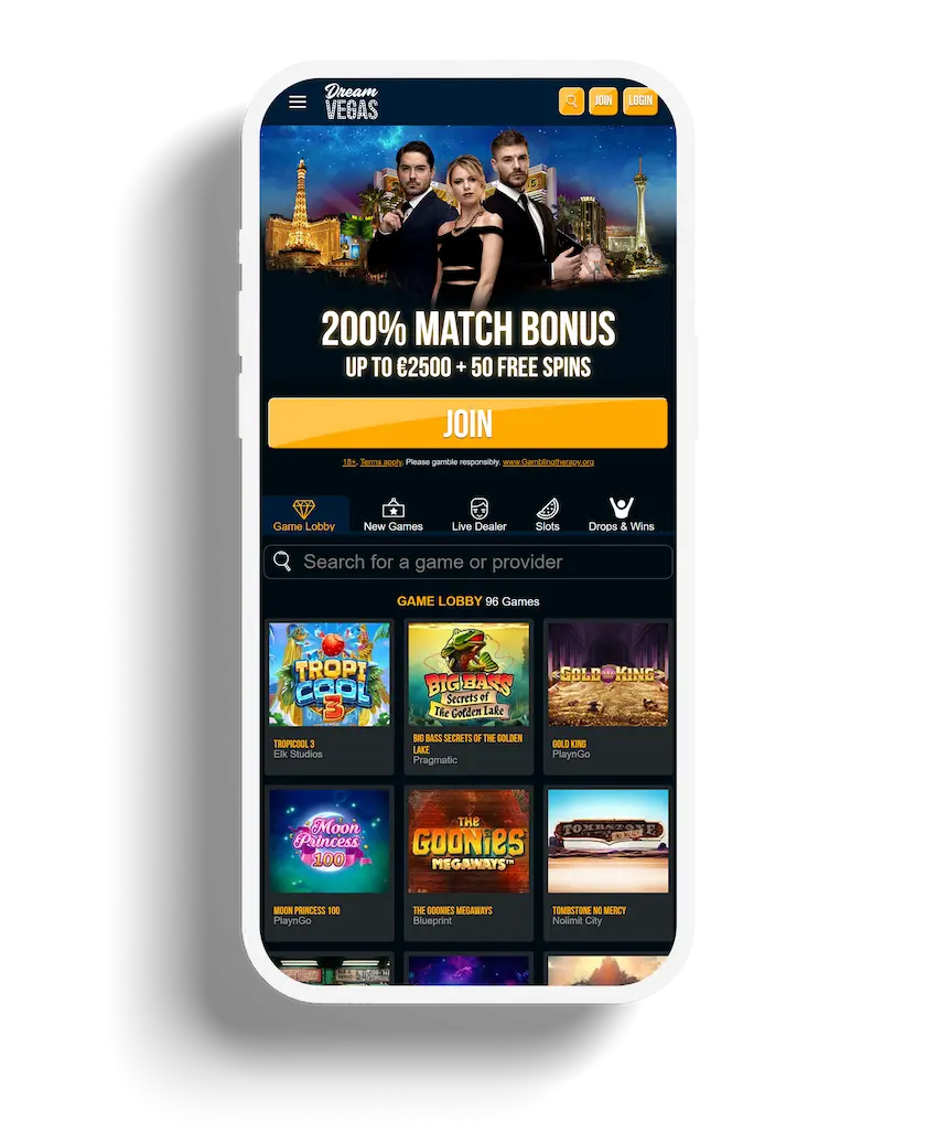 Mobile view of the Dream Vegas Casino lobby showcasing a wide range of games and a 200% match bonus banner.