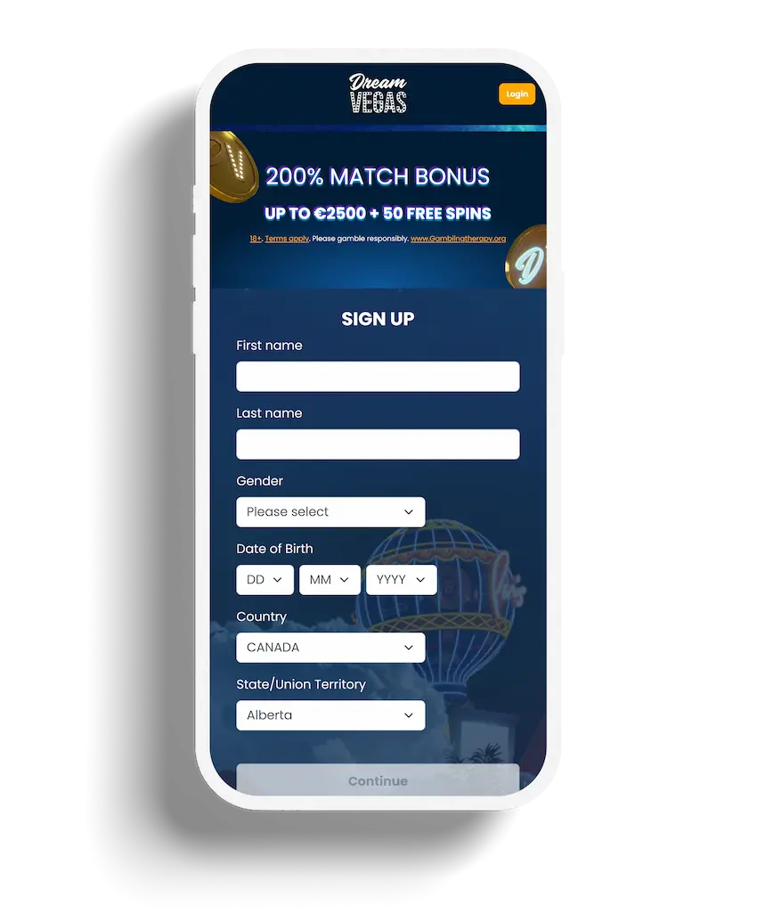 Mobile registration form for Dream Vegas Casino with a 200% match bonus promotion highlighted at the top.