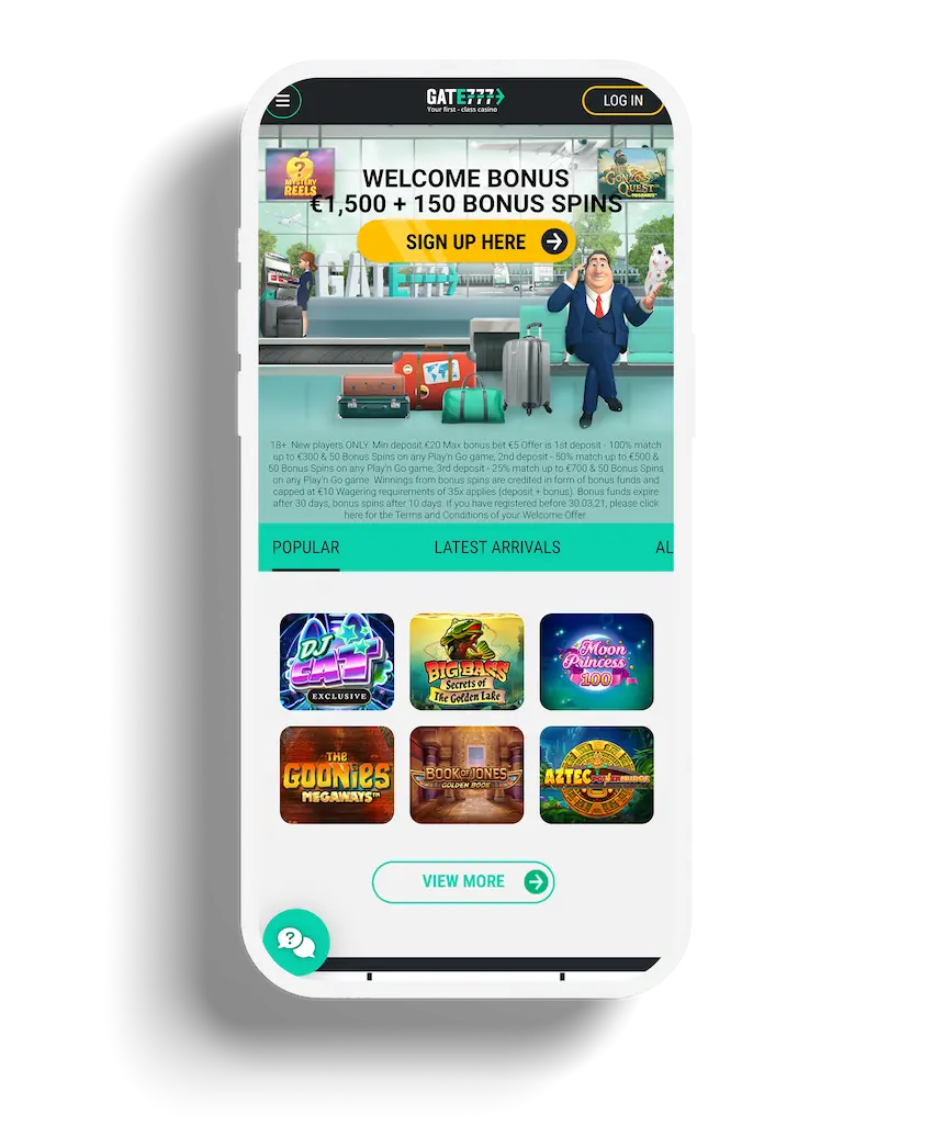 The homepage of Gate 777 Casino featuring a welcome bonus advertisement with a stewardess and pilot next to the promotional text, and a selection of popular slot games like DJ Wild and Big Bear.