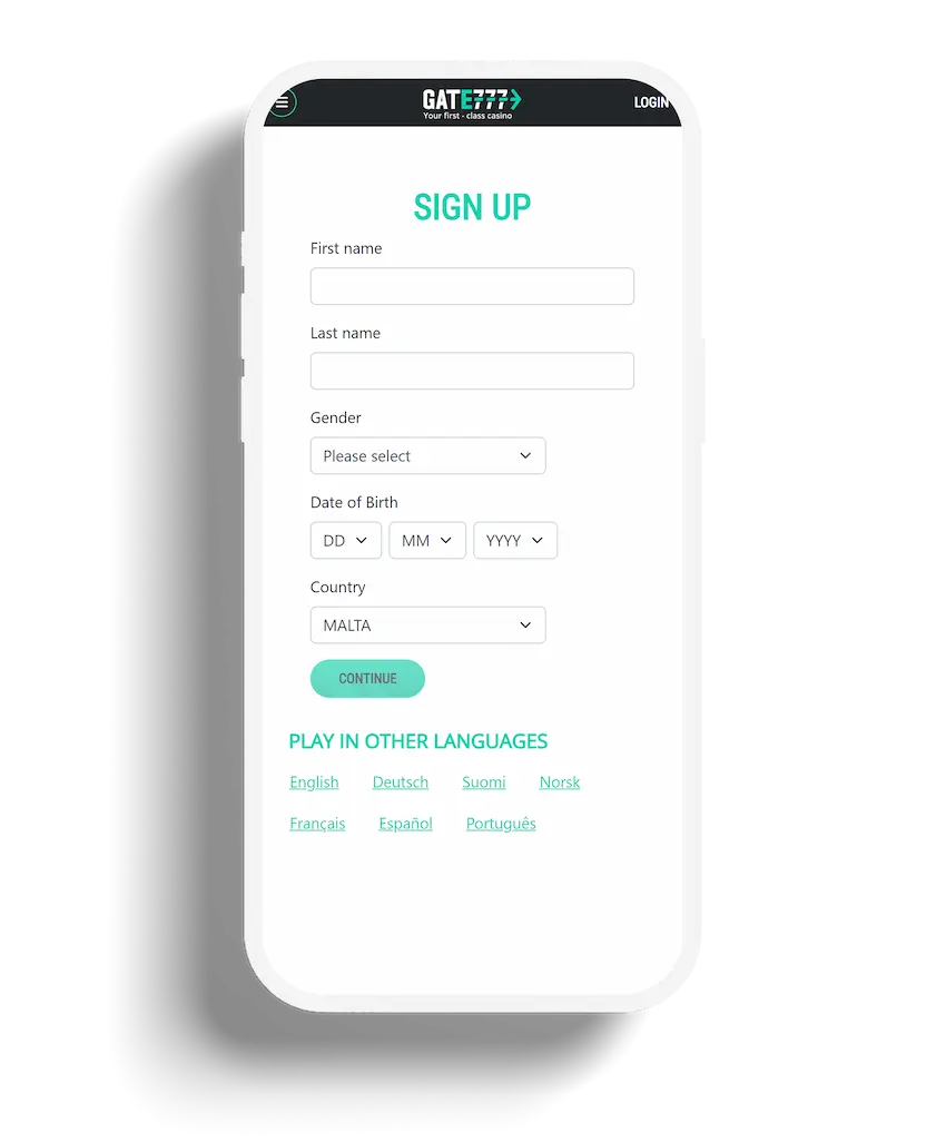 A registration form for Gate 777 Casino requesting personal information, with options to play in various languages, set against a minimalist and clean interface.
