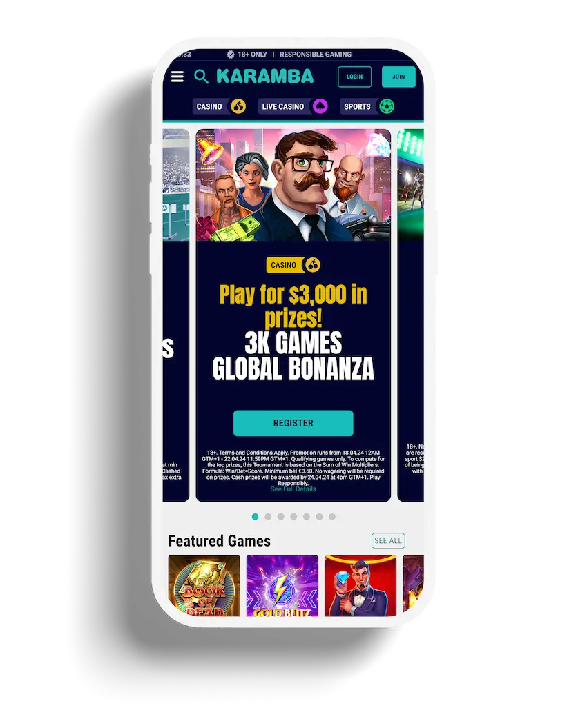 Karamba Casino's homepage featuring a promotional banner for 'Play for $3,000 in prizes' with a vibrant, game-themed background.