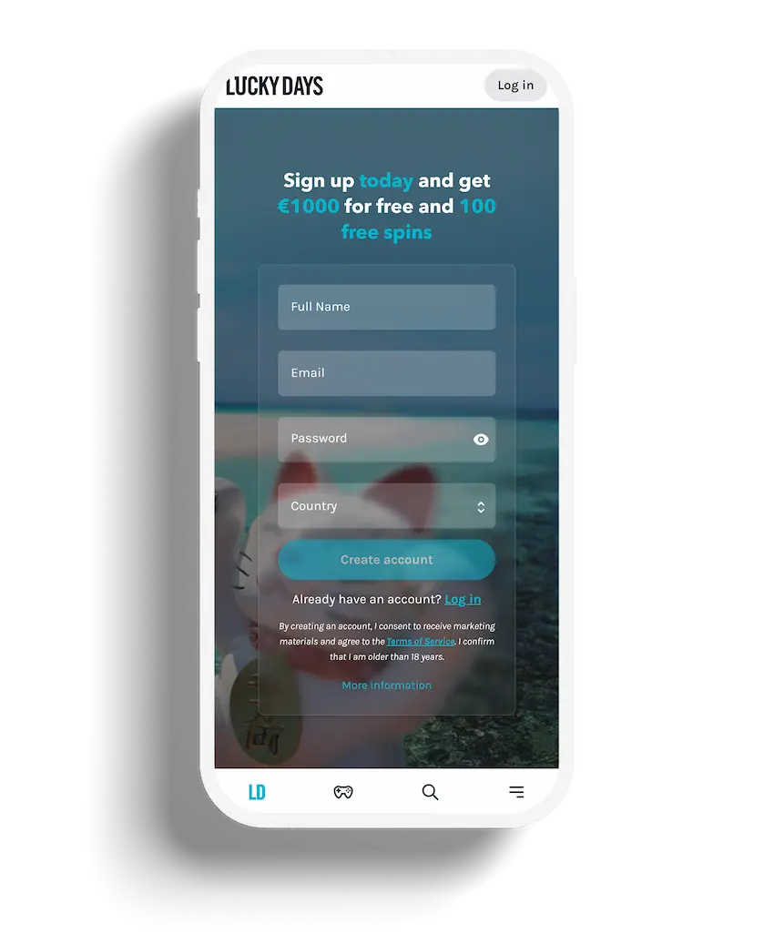 The sign-up page for Lucky Days casino, offering €1000 and 100 free spins, with a simple form against a backdrop of tranquil ocean waves.