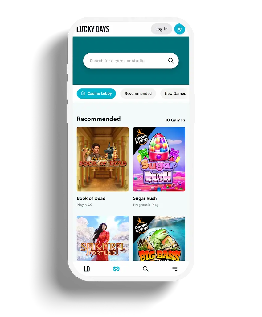 The Recommended section of the Lucky Days casino app, displaying a selection of popular slot games such as Book of Dead and Sugar Rush.
