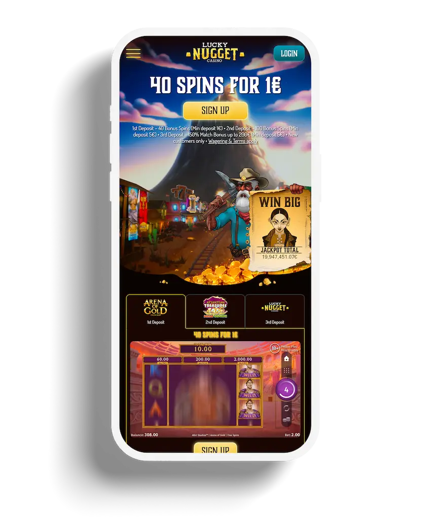 Lucky Nugget Casino's homepage displayed on a mobile device showcasing the '40 Spins for 1€' sign-up offer with a cowboy theme and a background of golden coins and a jackpot total.