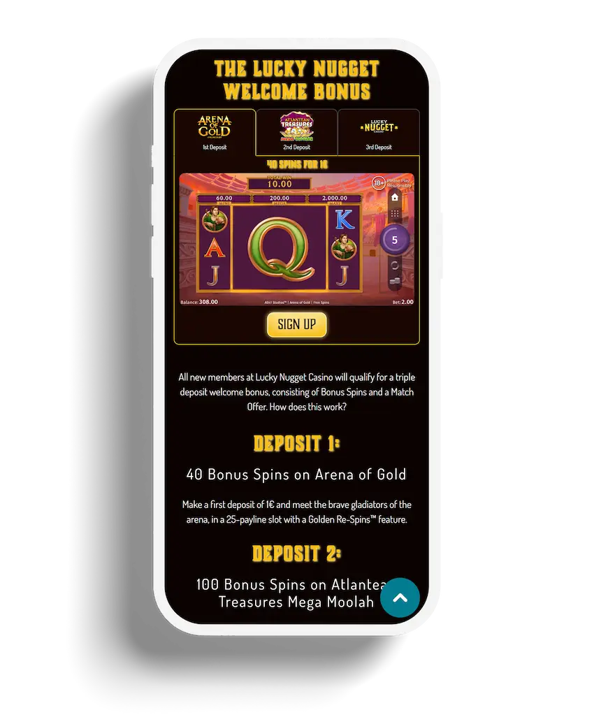 Promotional details of Lucky Nugget Casino's welcome bonus laid out on a slot machine interface, inviting players to take advantage of bonus spins with a minimal deposit.