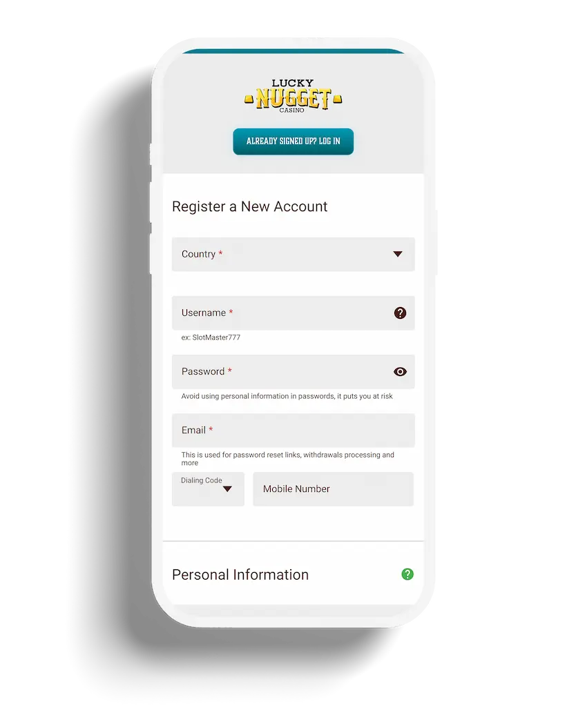 The registration form for Lucky Nugget Casino, with a straightforward interface for new users to join, featuring fields for personal details on a crisp, clean layout.