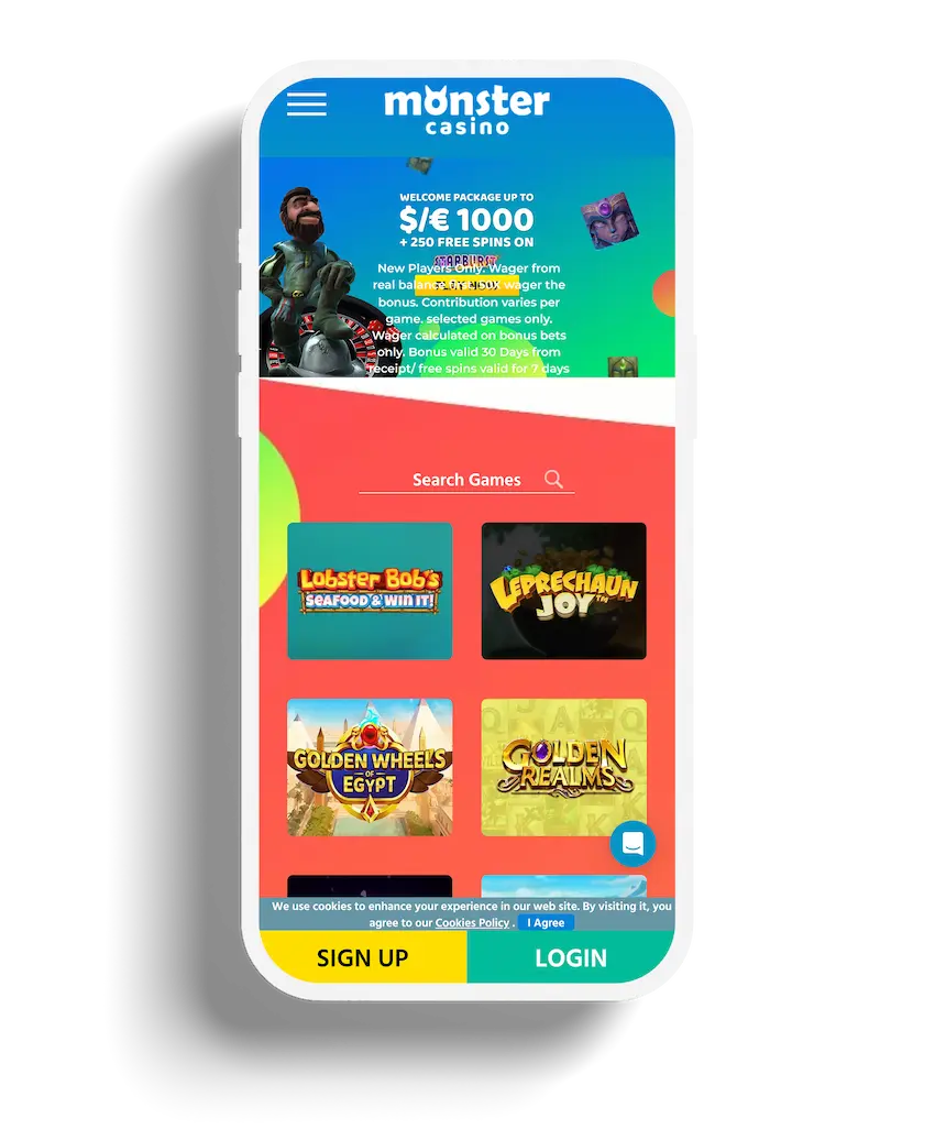 The homepage of the Monster Casino app, displaying a welcome offer with a character illustration, and a colorful selection of slot games such as Lobster Bob’s and Leprechaun Joy.