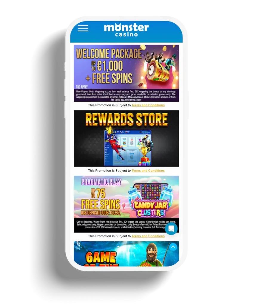 The promotions page of Monster Casino, showcasing a welcome package, a rewards store, and free spins offer from Pragmatic Play.