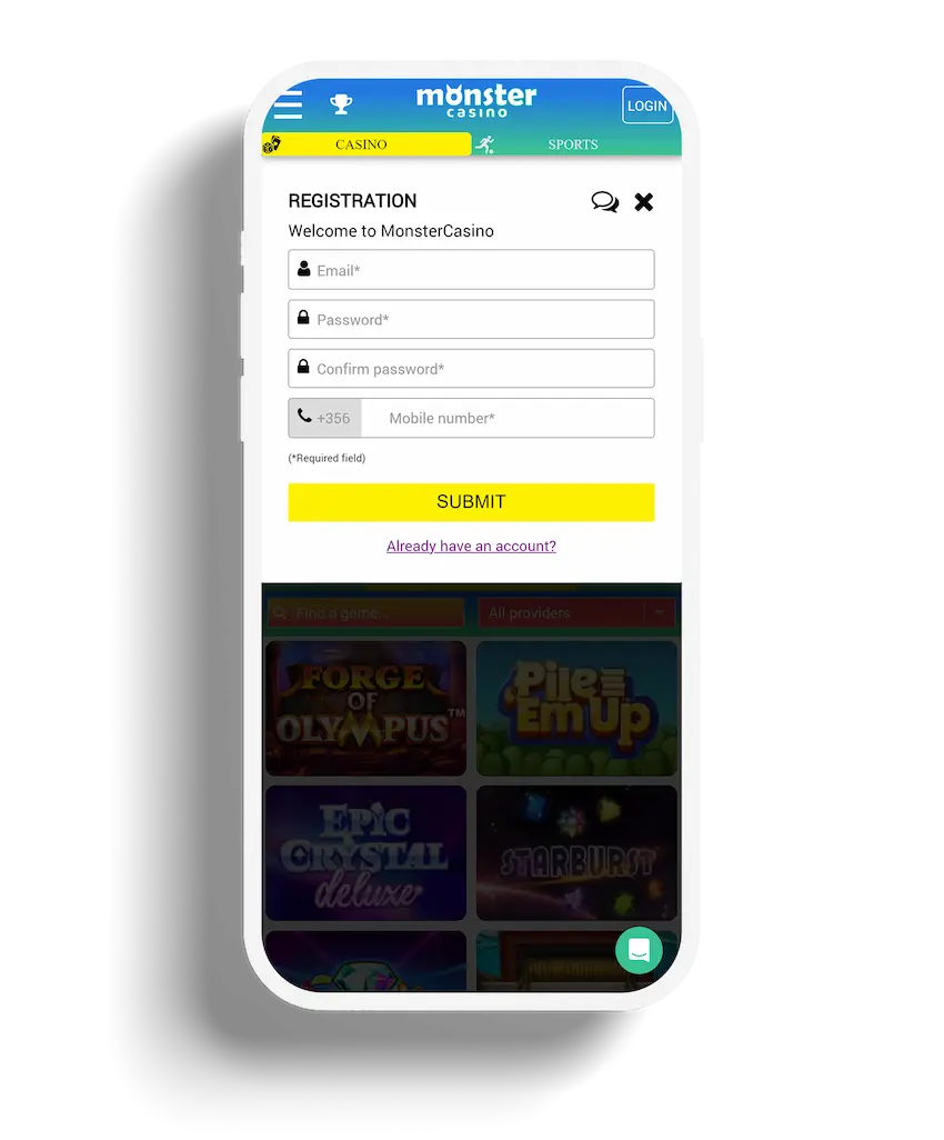 A registration form for Monster Casino, asking for email, password, and mobile number, against a backdrop featuring a variety of casino game thumbnails.