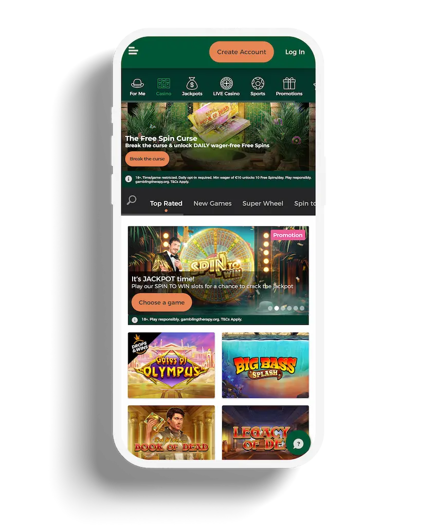 The Mr. Green casino app homepage features a "Free Spin Curse" promotion with jungle-themed graphics and a selection of popular casino games, including slots and live dealer options.