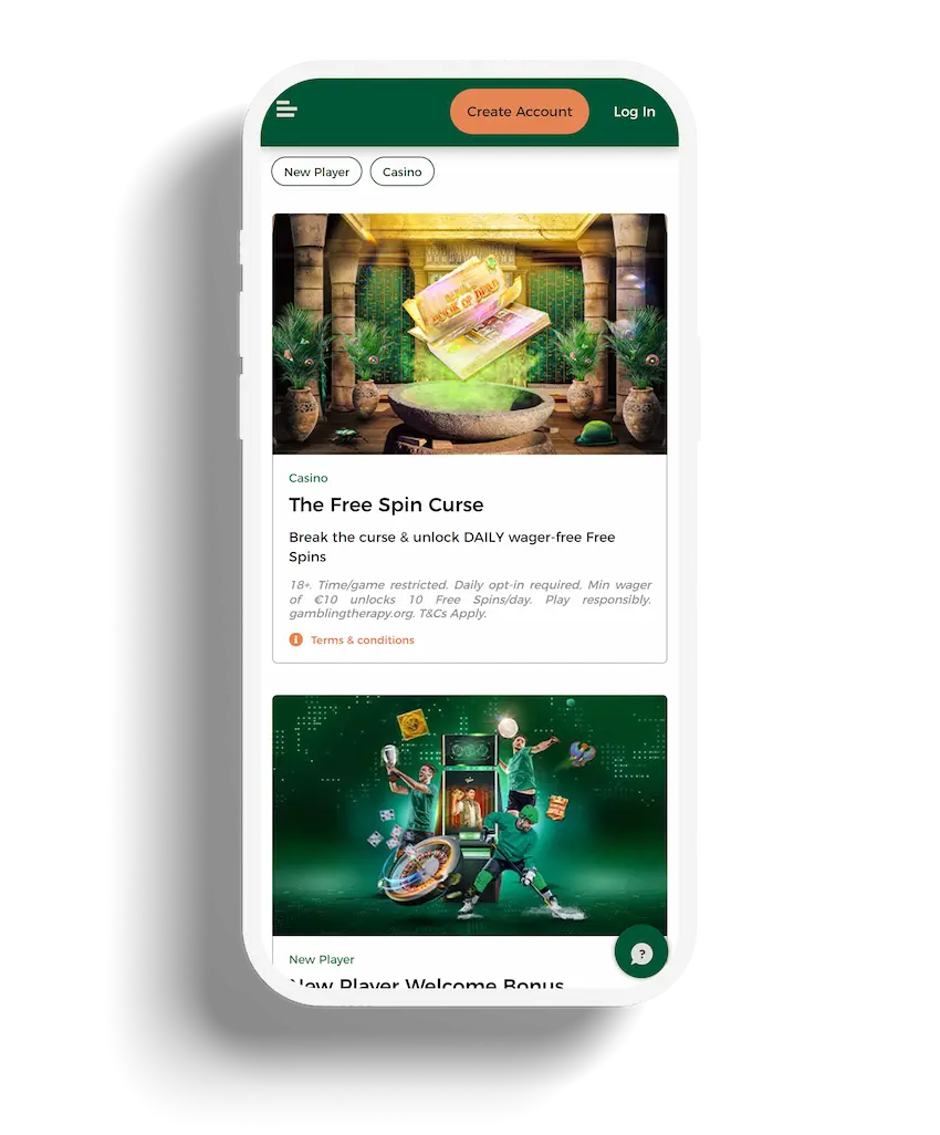 The promotions page on the Mr. Green casino app, displaying an enchanting "Free Spin Curse" book and a vibrant advertisement for a welcome bonus offer with engaging imagery.
