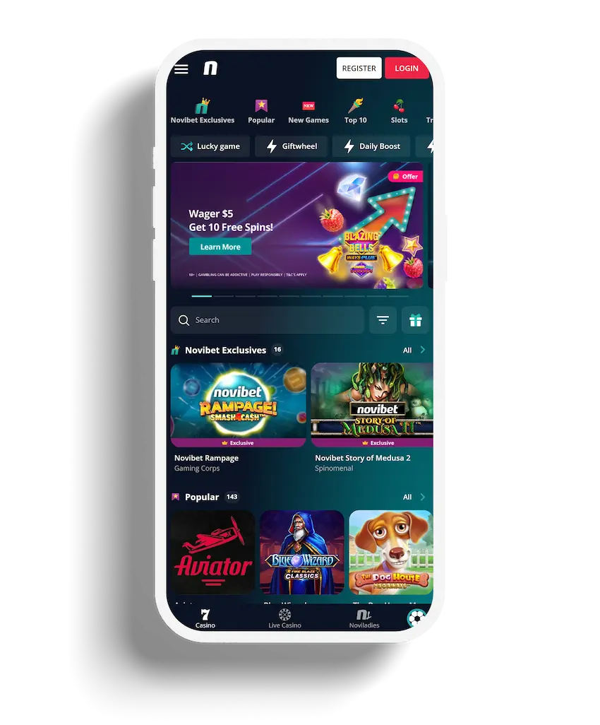 Novibet's mobile gaming site showing exclusive games and promotional offers such as 'Wager $5 Get 10 Free Spins'.