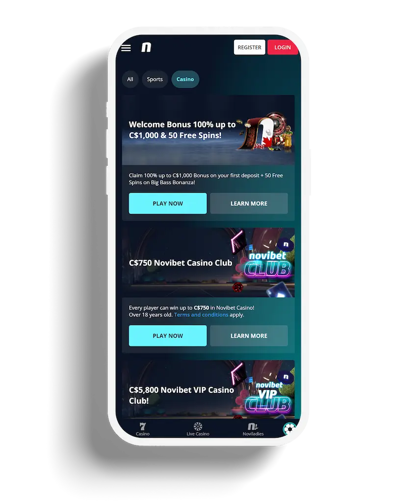 Mobile view of Novibet's casino section featuring a 'Welcome Bonus 100% up to C$1,000 & 50 Free Spins' offer.