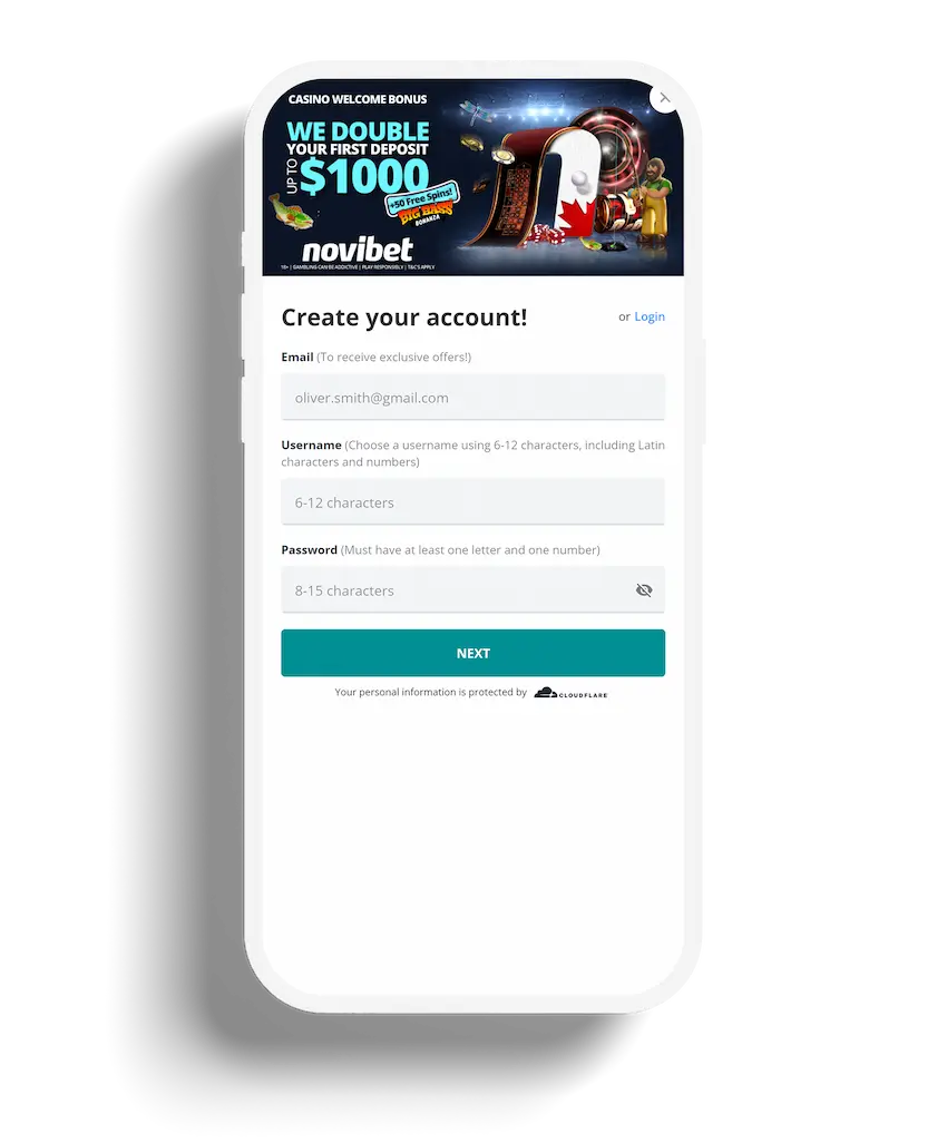 Account creation screen on Novibet's mobile site, with fields for email, username, and password under a welcome bonus banner.