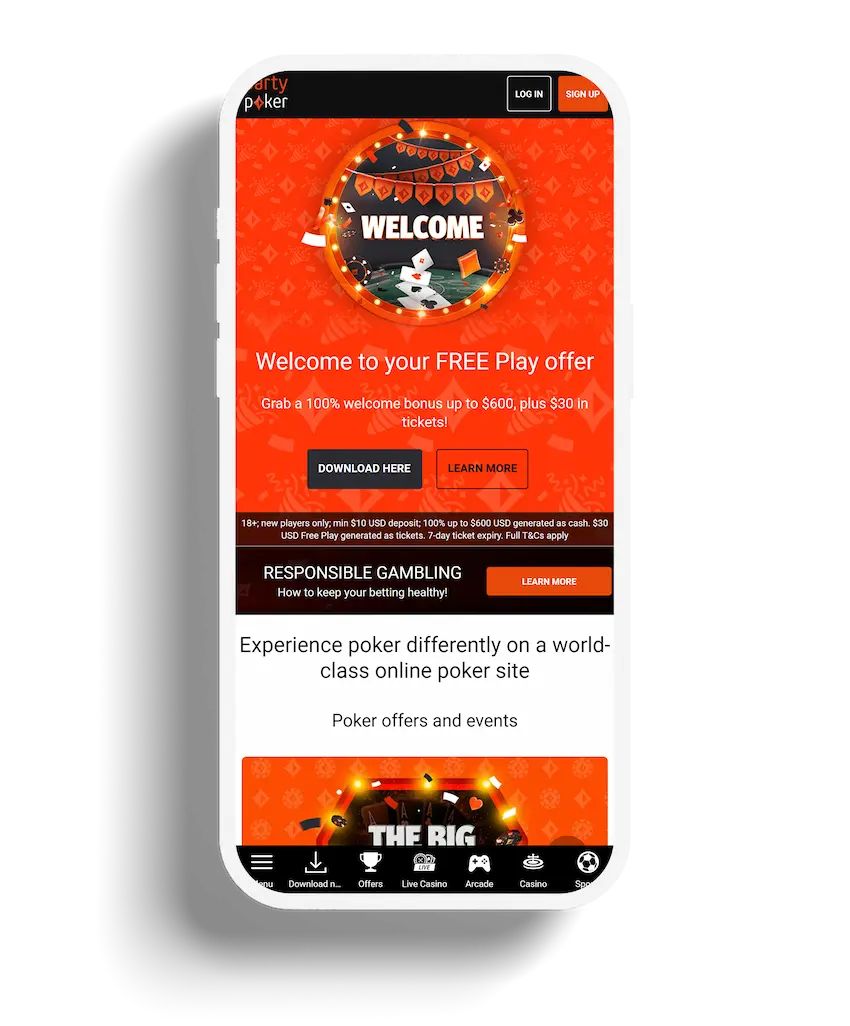 The homepage of PartyPoker featuring a welcome bonus promotion with poker chips and cards, alongside the slogan "Experience poker differently on a world-class online poker site".