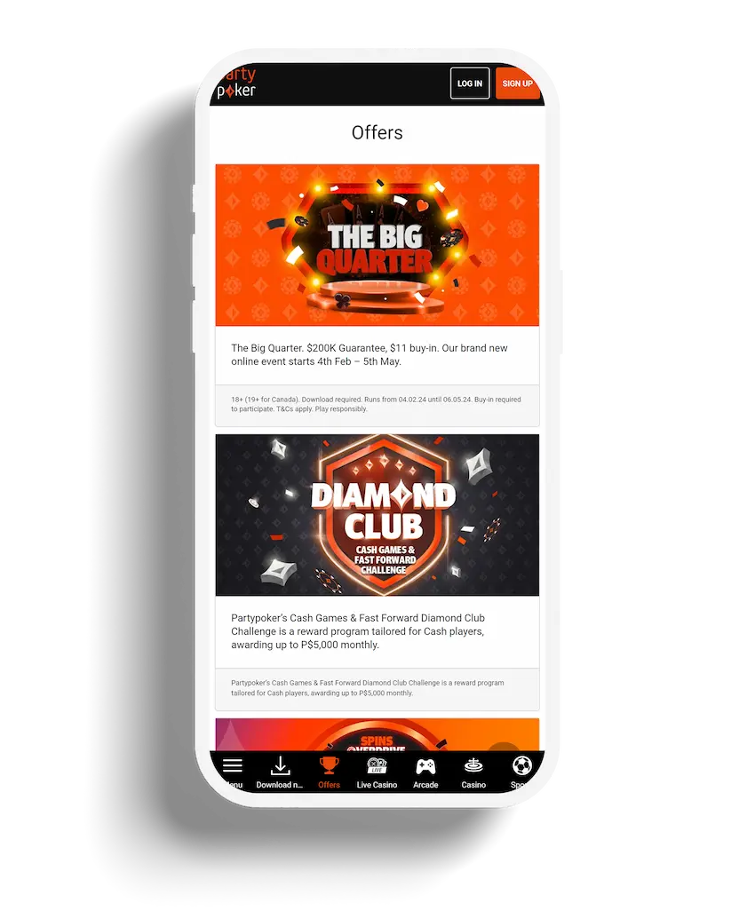 The offers page on PartyPoker showcasing ongoing poker events like "The Big Quarter" and the "Diamond Club Challenge", with dynamic and engaging graphics.