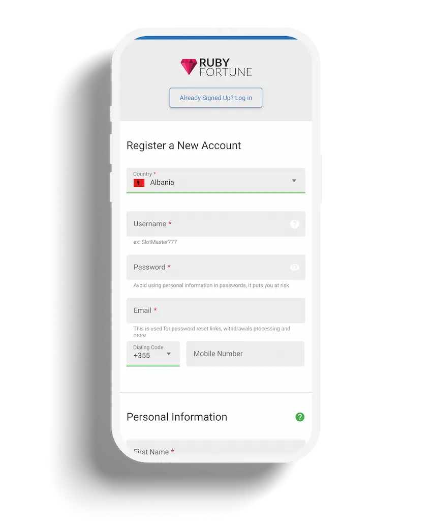 Registration form for a new account on Ruby Fortune Casino, featuring fields for personal information against a clean, white background, with a drop-down for country selection.