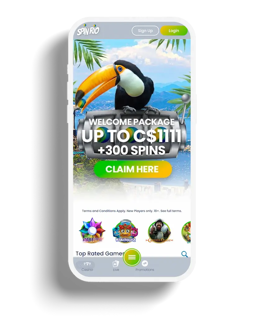 Mobile screen showing Spin Rio Casino's homepage with a welcome package advertisement featuring a toucan and a lush jungle background.
