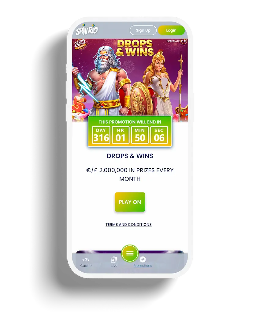 Promotions page on Spin Rio Casino mobile site showing a Drops & Wins banner with mythological characters.