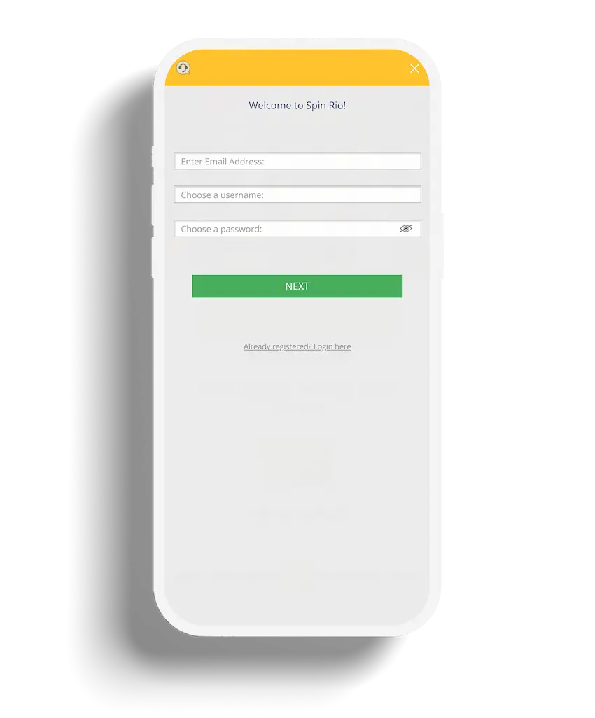 Registration form on the Spin Rio Casino mobile website with fields for email, username, and password.