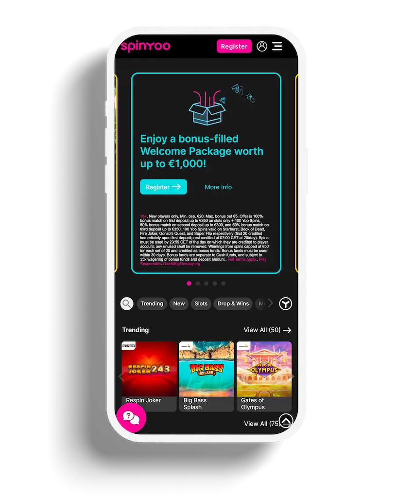 A screenshot of the SpinYoo casino app's homepage highlighting a welcome package offer alongside trending slot games such as Respin Joker and Big Bass Splash.