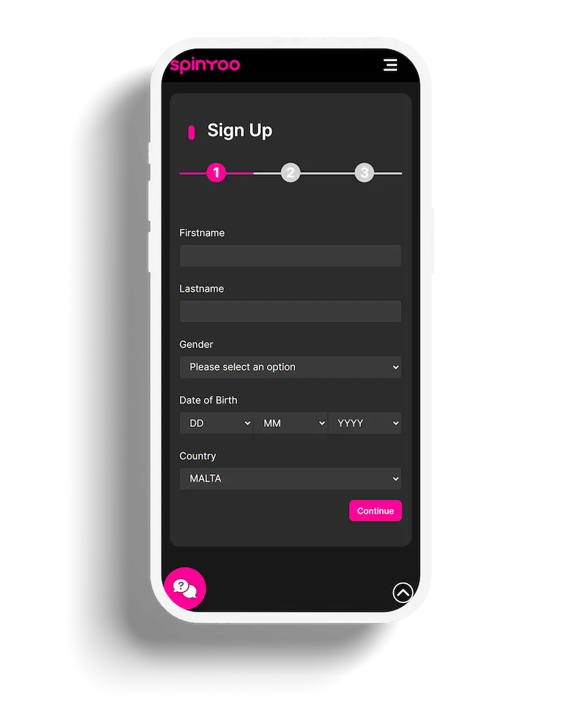 A sign-up page from the SpinYoo casino app requesting basic personal information, set against a dark background with a simple, user-friendly design.