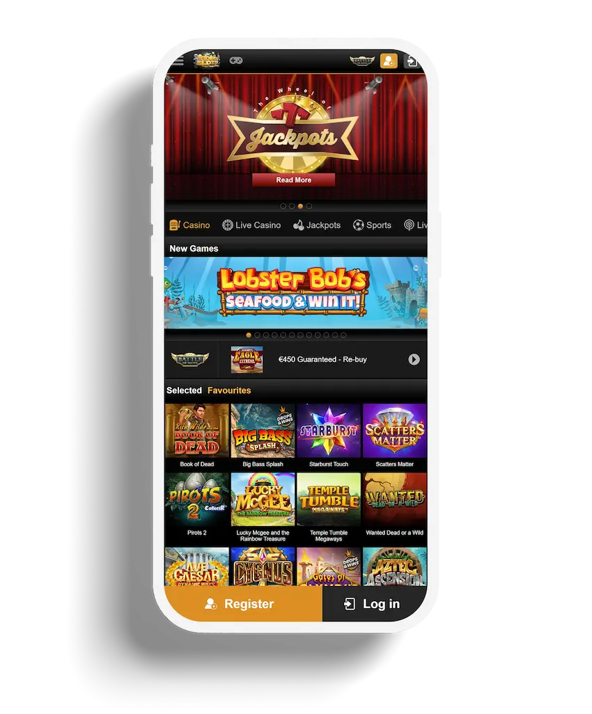 The Videoslots casino app's homepage showcasing a glitzy "Jackpots" sign and a banner for new games like "Lobster Bob's" against a curtain backdrop.