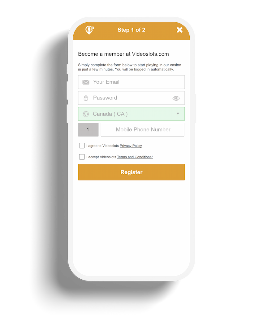 A new member sign-up screen on the Videoslots casino app, featuring a simple and secure registration form, ready to welcome new players.