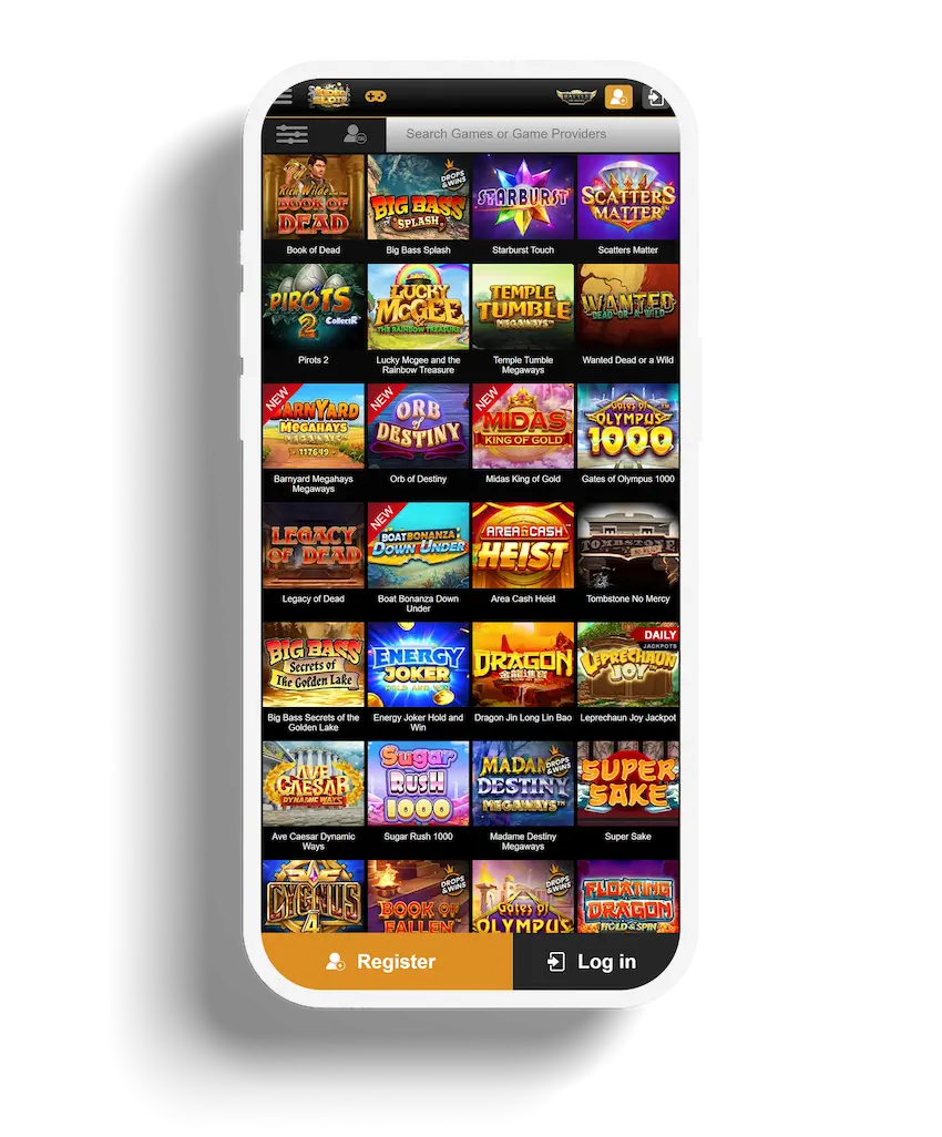 An array of colorful slot game thumbnails on the Videoslots casino app, including popular titles like "Book of Dead" and "Big Bass Splash," inviting players to dive into the action.