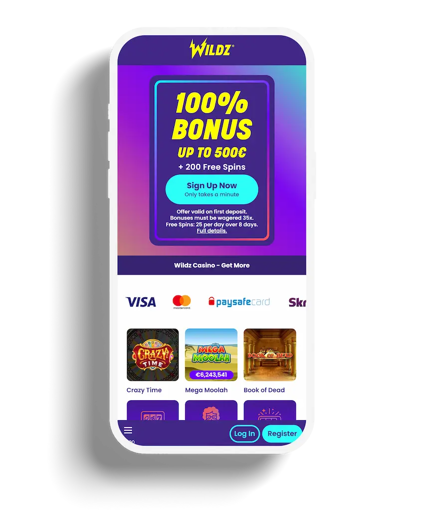 A vibrant homepage display for Wildz Casino featuring a 100% bonus up to €500 plus 200 free spins offer, with a neon-lit, energetic casino backdrop.