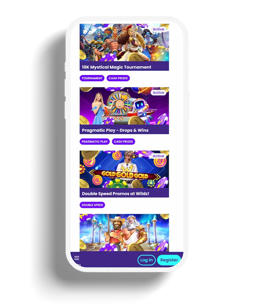 The promotions page of Wildz Casino showcasing colorful and animated tournaments and offers such as the "10K Mystical Magic Tournament" and "Double Speed Promos."