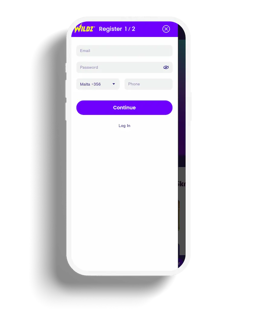 The registration form for Wildz Casino, featuring a user-friendly interface for a straightforward two-step sign-up process.