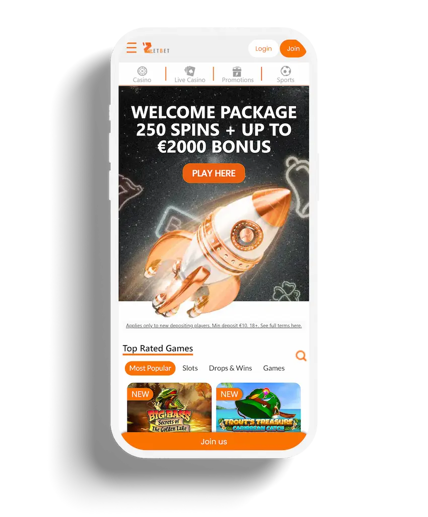 The homepage of ZetBet Casino displays a welcome package offer with a rocket ship graphic, indicating a bonus and free spins, above the Top Rated Games section.