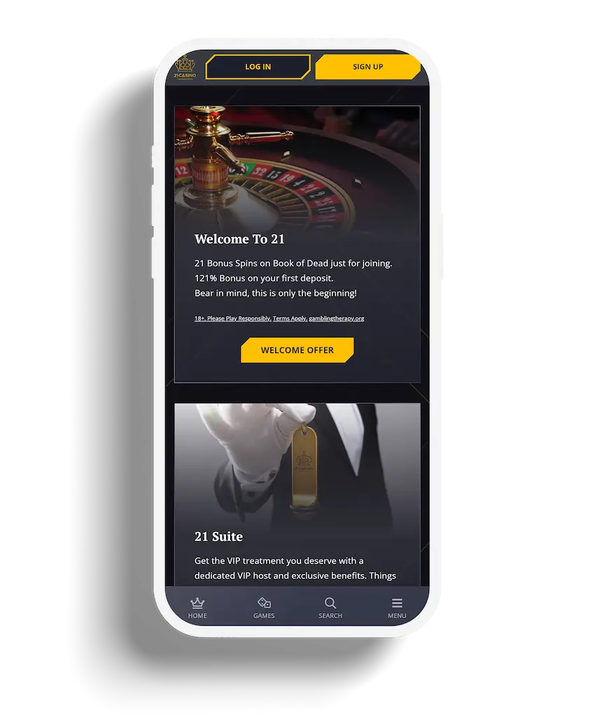 Mobile view of 21 Casino promotions page offering bonus spins and a first deposit bonus.