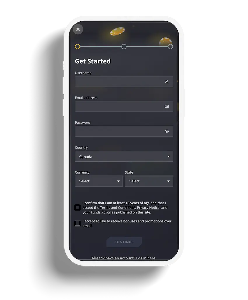 Mobile view of 21 Casino registration form for new users to sign up and create an account.