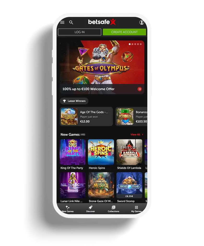 Mobile view of Betsafe homepage showcasing popular casino games and promotions.