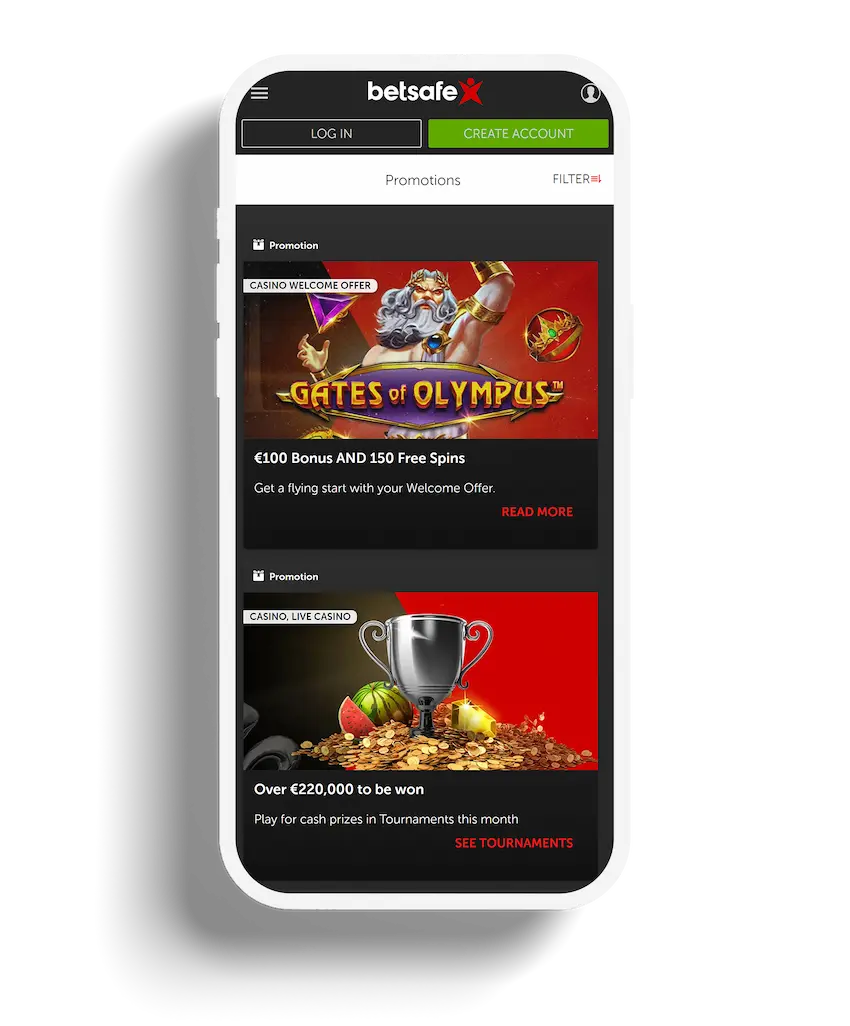 Mobile view of Betsafe promotions page with casino welcome offer and tournament prize details.