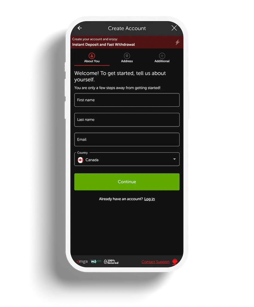 Mobile view of Betsafe registration form asking for personal information to create an account.