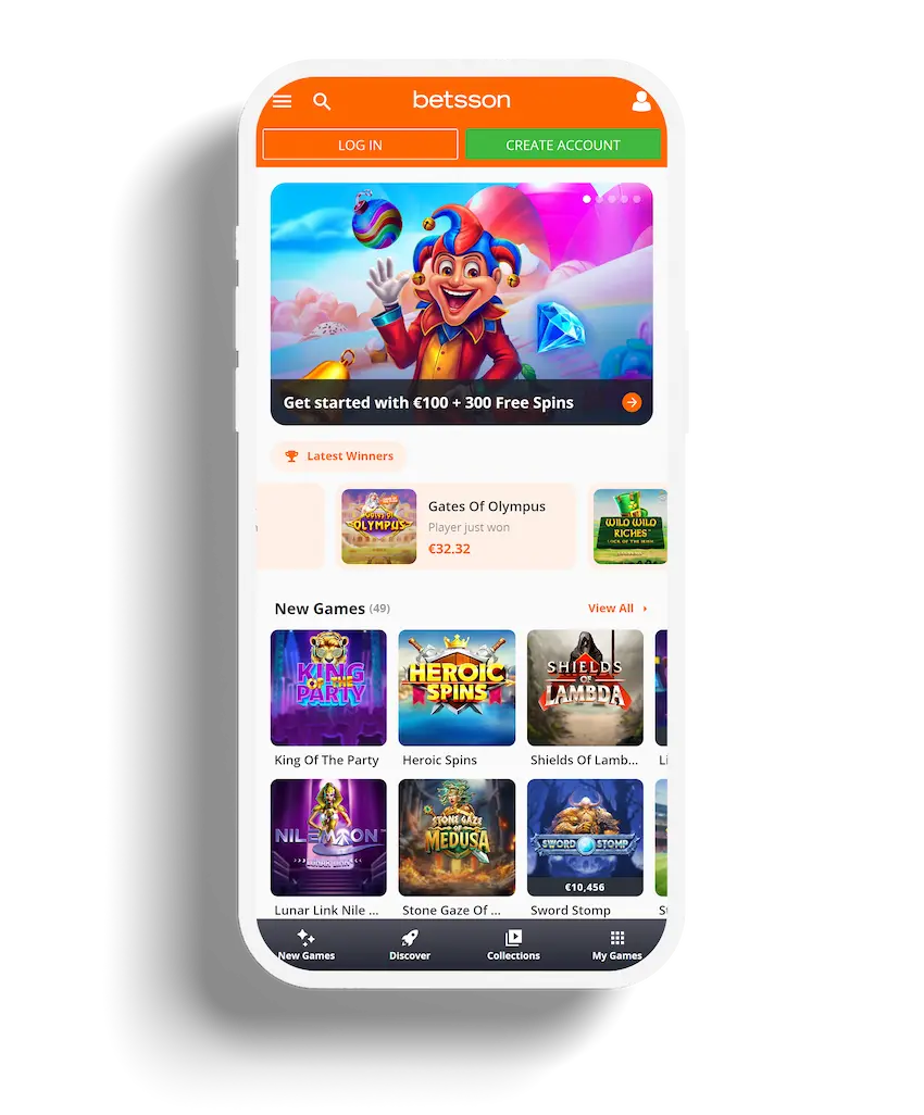 Mobile view of Betsson Casino homepage displaying welcome offer and new games.